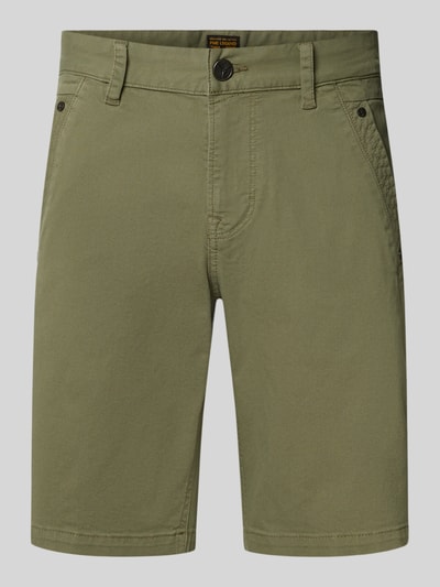 Produktfoto, Shorts mit Eingrifftaschen von PME Legend aus Baumwoll-Elasthan-Mix in Olivgrün, Regular-Fit, sichtbare Gesäßtaschen, Bundweite bei Größe 32: 45 cm, Innenbeinlänge 26 cm.