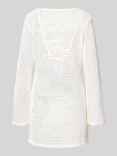 Frauenmodel trägt semitransparente Tunika Modell 'MESH EFFECT COVER UP' von Seafolly aus Material-Mix mit Stretch-Anteil, Rückansicht.
