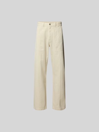 Produktfoto, Straight Fit Hose aus Reiner Baumwolle von Forét in Beige mit Eingrifftaschen, Gesäßtaschen, Knopf- und Reißverschluss, glatte Textur