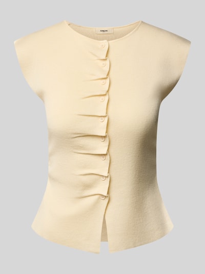 Produktfoto, cremefarbene Strickweste mit Raffungen Modell 'PAGNI' von SUNCOO PARIS, Leinen-Mix, Slim Fit, Rundhals, Knopfleiste