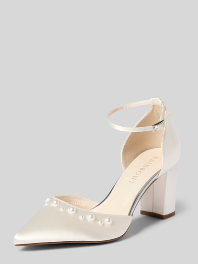 Produktfoto, Pumps mit Perlenbesatz und Blockabsatz Modell 'Maya' von Rainbow Club, spitz zulaufende Form, Riemchen mit Dornschließe, glatte Sohle, Absatzhöhe: 8 cm, Schafthöhe: 8 cm, Größe 40, elfenbeinfarbener Satin mit glatter Textur und dezenten Glanzeffekten
