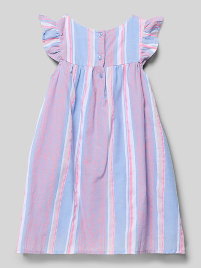 Productfoto, Regular Fit Kleid mit Zierbesatz van Happy Girls, katoenmix met sierbies, ronde hals, kapmouwen met ruches, lengte maat 116: 11 cm, pastelstrepen, lichtblauw-roze-wit, rechte vorm, zachte textuur