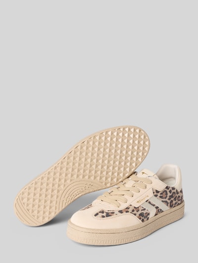 Produktfoto, Low Top Sneaker aus echtem Leder von Tamaris, beige mit Optik:Allover-Muster Animal-Print, Label-Patch, Kontraststreifen, Schnürung, profilierte Sohle, Velours, Damen