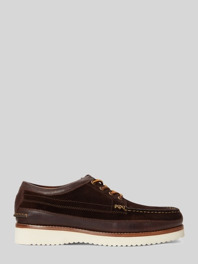 Produktfoto, Schnürschuhe aus echtem Rindsleder Modell 'RANGER WB' von Polo Ralph Lauren in brauner Melange-Optik mit abgerundeter Schuhspitze, flacher Absatzform, Label-Detail und leicht profilierter Sohle, hochwertiges Glattleder