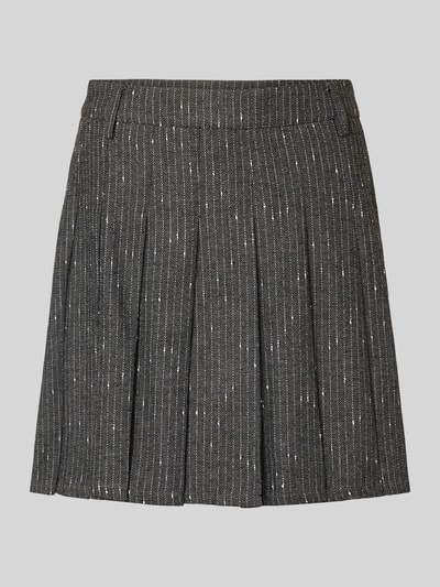 Produktfoto, Faltenrock mit Woll-Anteil Modell 'TRINA' von Copenhagen Muse, Material-Mix, A-Linie, Minirock, Knopfverschluss, fein liniert, Bundweite 38 cm, Gesamtlänge 45 cm, graue und weiße Farbtöne, strukturierte Textur.