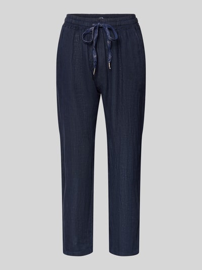 Produktfoto, Leinenhose mit elastischem Bund Modell 'Pa44uline' od ZABAIONE, czyste len, krój regular fit, szerokość w rozmiarze S: 36 cm, długość wewnętrzna nogawki: 71 cm, granatowy kolor, prosta nogawka, tekstura naturalnego lnu