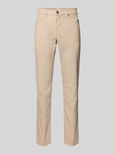 Produktfoto, Slim Fit Stoffhose mit 5-Pocket-Design Modell 'Cadiz' van Brax in beige, katoenmix met stretch, recht model, voorkant zichtbaar.