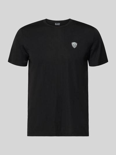 Produktfoto, T-Shirt aus Viskose-Mix mit Label-Patch von EA7 Emporio Armani, czarny, krój slim fit, okrągły dekolt, Szerokość w rozmiarze M 69 cm