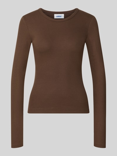 Produktfoto, braunes Langarmshirt mit Rundhalsausschnitt, gerippte Struktur, eng anliegend, Modell 'FREYA' von JIXX, Baumwoll-Elasthan-Mix