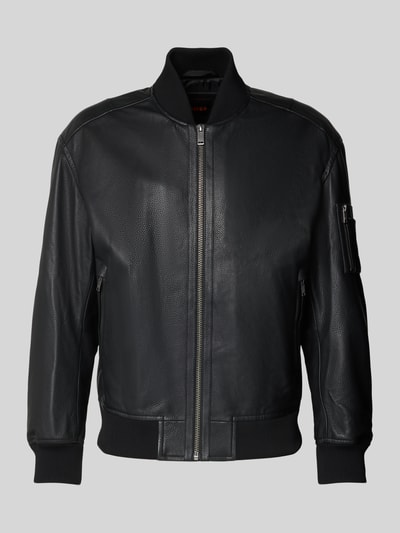 Produktfoto, Regular Fit Lederjacke im College-Stil Modell 'JAKRI' van BOSS Orange, zwart glad leer met ribboorden, metalen label, ritssluiting, twee steekzakken, unicolor, collegekraag.