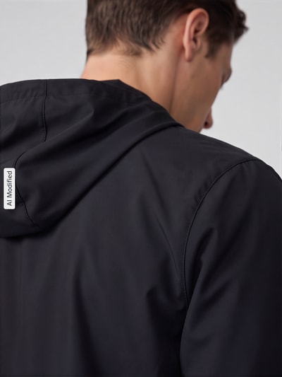 Männermodel trägt Regular Fit Trainingsjacke mit Kapuze von Nike in Schwarz, glatte Textur, Ganzkörperansicht Rückansicht, KI-modifiziertes Bild. Herren Trainingsjacke von Nike Training.