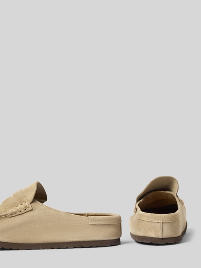 Produktfoto, Clogs aus Veloursleder Modell 'Naples Wrapped' von Birkenstock in Beige mit abgerundete-Spitze, Schlupfform, Absatzhöhe 2 cm, Schafthöhe 3 cm, Schaftweite 7 cm, strukturierte Oberfläche