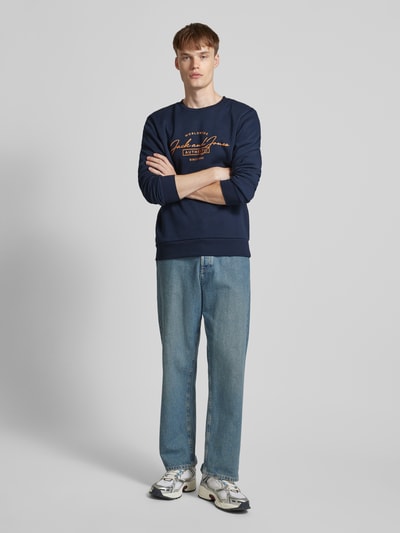 Jack & Jones Sweatshirt met labelprint, model 'FERRIS' Marineblauw - 1