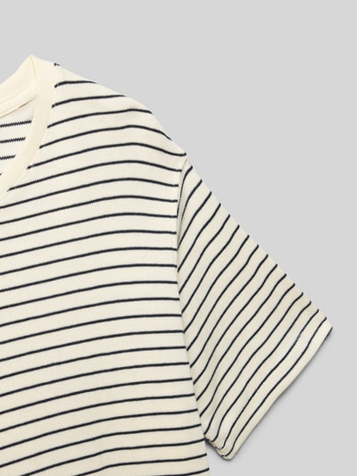 Productfoto, Regular Fit T-shirt in tricotlook Model 'Edover' van JACK & JONES, puur katoen, kinderen, ronde hals, ruglengte maat 140: 52 cm, crèmekleurig met donkere strepen