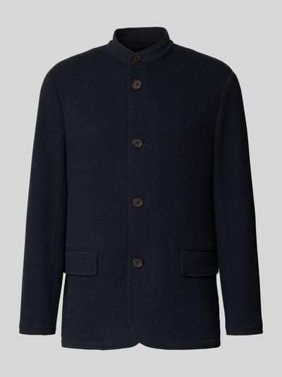 Produktfoto, Slim Fit Sakko mit Stehkragen und Pattentaschen von Emporio Armani in Schwarz, Material-Mix mit Viskose-Anteil, Knopfleiste, strukturierte Oberfläche