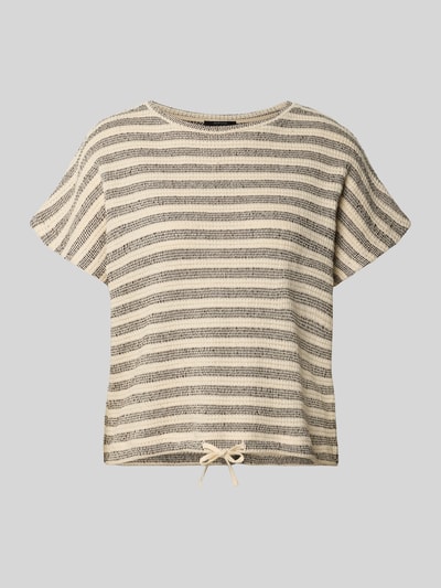 Produktfoto, T-Shirt mit Strukturmuster Modell 'Sedopa' von OPUS aus Baumwoll-Mix, Regular-Fit, mit Rundhalsausschnitt und Kordelzug-Saum, beige-grau gestreift, Rückenlänge bei Größe 36: 47 cm.