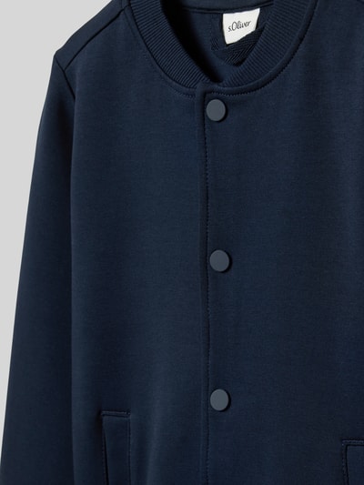 Produktfoto, Regular Fit Sweatjacke aus Baumwoll-Mix von s.Oliver RED LABEL in Dunkelblau, College-Kragen, unifarben, Druckknöpfe, Sweatstruktur, seitliche Eingrifftaschen, gerippte Abschlüsse