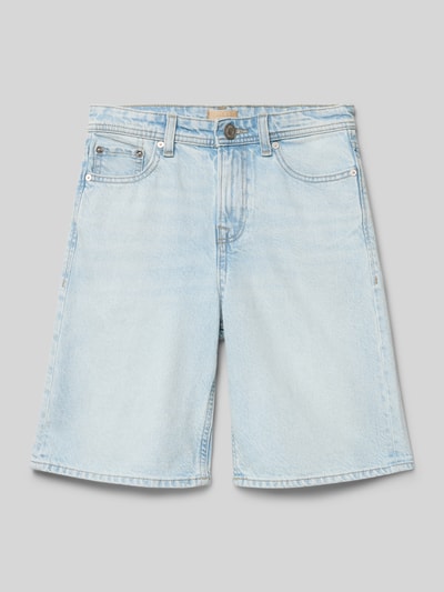 Produktfoto, Straight Fit Shorts mit Logo-Patch Modell 'Alex' von Jack & Jones aus reiner Baumwolle, 5-Pocket-Design, hellblaue Waschung, Knopf-Reißverschluss, Bundweite 35 cm, Innenbeinlänge 23 cm, Kinder Shorts