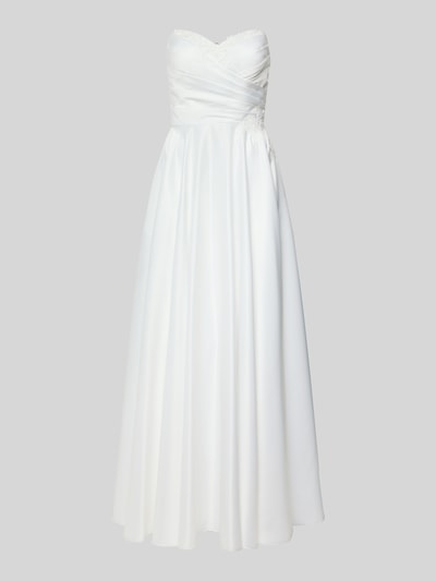Produktfoto, Brautkleid mit Herz-Ausschnitt von Mascara aus weißem Satin, taillierte Passform, Maxilänge, floraler Spitzenbesatz mit Zierperlen, Nahtreißverschluss, ärmel- und schulterloses Design, gelegte Falten, Hochzeitsmode, Rückenlänge 129 cm, Brustweite 41 cm, elegante glatte Oberfläche.