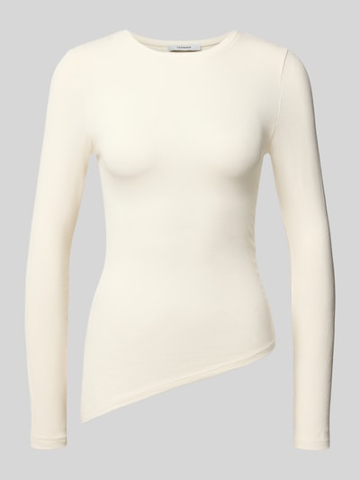 Produktfoto, Longsleeve in asymmetrischem Look Modell 'RIA' von Topshop, cremefarben, Ripp-Optik, Slim Fit, Viskose-Elasthan-Mix, Rundhalsausschnitt, Rückseite 55 cm bei Größe S