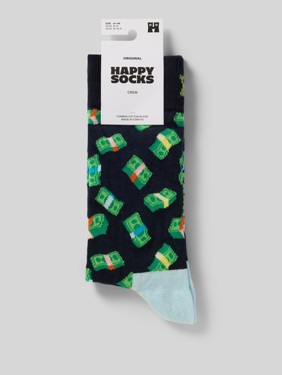 Produktfoto, Socken aus Baumwoll-Mix Modell 'Money Money' von Happy Socks, dunkelblau mit buntem Geldschein-Muster, Label-Detail sichtbar.