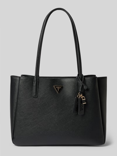 Produktfoto, Tote Bag in Leder-Optik Modell 'Noelle' von GUESS in Schwarz mit feiner Textur, Logo-Detail und schmalen Schulterriemen, geteiltes Hauptfach mit Magnetverschluss, Maße 39x28x14 cm, Schulterriemen 64 cm