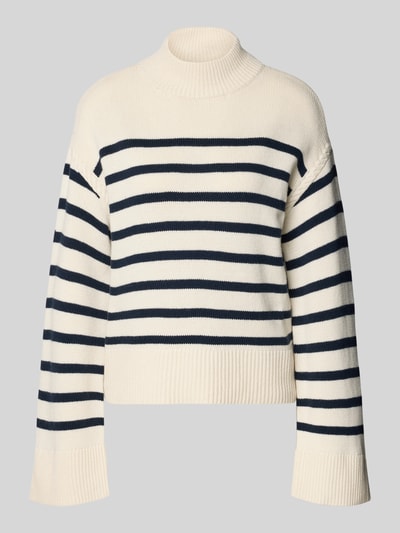 Produktfoto, Regular Fit Pullover aus Woll-Mix Modell 'Sharad' von Lauren Ralph Lauren in Creme mit dunkelblauen Streifen, Stehkragen, breite Abschlüsse, Damenpullover aus Woll-Mix mit Baumwoll-Anteil