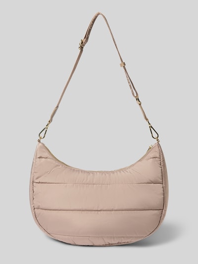 Produktfoto, Halfmoon Bag mit Label-Patch Modell 'Lifetime Buddy' von Hey Marly in Beige mit Hauptfach, Reißverschluss, Reißverschlusstasche innen, verstellbarer Schultergurt, Maße: Breite 38 cm, Länge 21 cm, Tiefe 11 cm, Schulterriemen 80 cm.