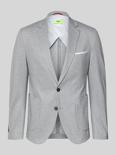Produktfoto, 2-Knopf-Sakko mit Reverskragen Modell 'Dati' von CINQUE, Unifarbenes-Design, Material-Mix mit Viskose-Anteil, gerader Schnitt, Brustleistentasche, aufgesetzte Taschen, Knopfleiste, graue Textur.