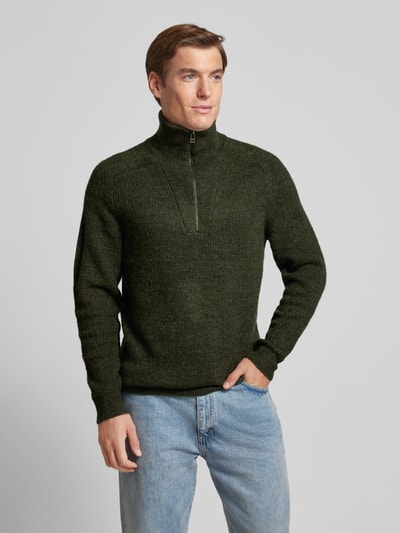 Casual Friday Sweter z dzianiny z kołnierzem model ‘Kristian’ Ciemnozielony melanż 4