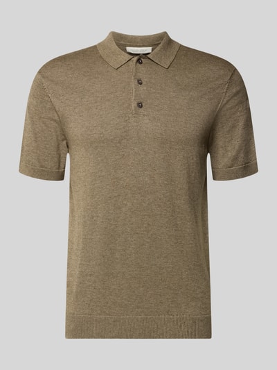 Produktfoto, Regular Fit Poloshirt mit Knopfleiste Modell 'BELLS' von Casual Friday aus Baumwoll-Lyocell-Mix in meliertem Braun, Strickshirt, Rückenlänge bei Größe M: 70 cm.