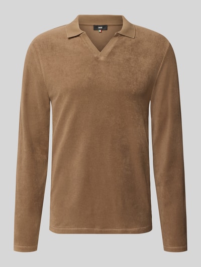 Produktfoto, Longsleeve mit Polokragen und V-Ausschnitt Modell 'BOLL' von CINQUE aus reiner Baumwolle in Braun, Slim Fit, glatte Textur.