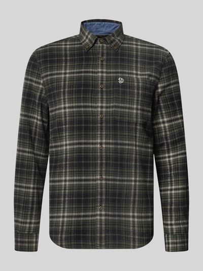 Produktfoto, Regular Fit vrijetijdsoverhemd uit puur katoen van Superdry met Button-downkraag, manchet met één knoop, labelstitching, opgestikte borstzak, ruglengte maat M 67 cm, schouderbreedte maat M 44 cm, mouwlengte maat M 65 cm, groen met beige ruit, zachte stof, zichtbare knopen.