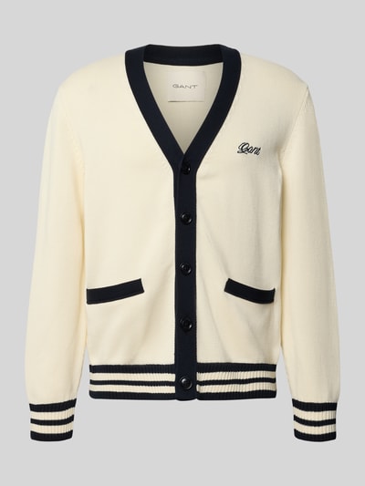Produktfoto, Regular Fit Strickjacke aus reiner Baumwolle von GANT für Herren in Creme mit dunkelblauen Knöpfen und Streifen, glatte Textur