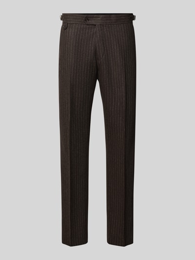 Produktfoto, Straight Fit Hose aus Woll-Mix Modell 'Tense' von Tiger of Sweden, braun mit hellen Nadelstreifen, glatte Struktur, Bügelfalten, Knopf- und Reißverschluss, Maße laut Kontext.