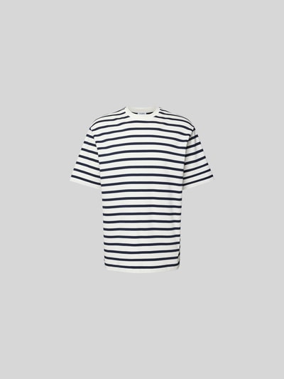 Produktfoto, T-Shirt mit Rundhalsausschnitt von Filippa K aus reiner Baumwolle, Relaxed-Fit, weiß mit navyblauen Streifen, kurzärmelig