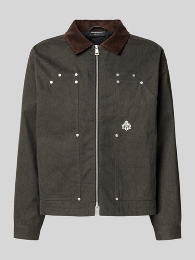 Produktfoto, donkergroene blouson van katoen met bruine corduroy kraag, model 'KIRA' van Don't Waste Culture, heren bomberjack