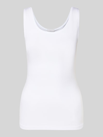 Produktfoto, weißes Slim Fit Top mit Rundhalsausschnitt von Hanro, ärmellos, glatte Oberfläche, elastischer Modal-Mix, Vorderansicht