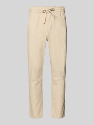 Produktfoto, Tapered Leinenhose aus Baumwoll-Leinen-Mix Modell 'LINUS' von Only & Sons in Melange-Optik, elastischer Bund mit Tunnelzug, seitliche Eingrifftaschen, Gesäßtaschen, natürliche Struktur, helle Farbe