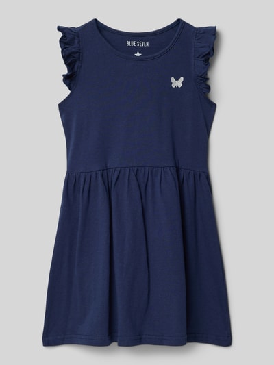 Produktfoto, Kleid mit Rüschen und Motiv von Blue Seven, Blau, A-Linie aus Reine Baumwolle, Rundhalsausschnitt, Rückenlänge 59 cm bei Größe 116.