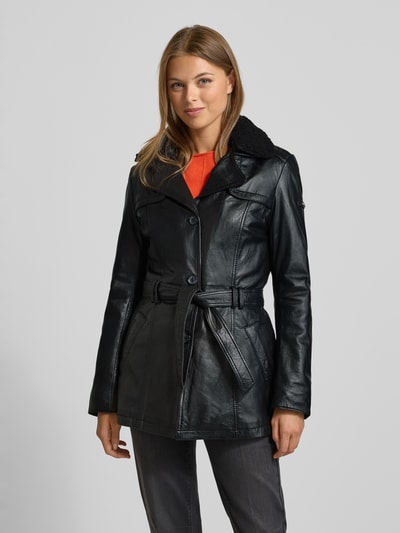 Cabrini Płaszcz skórzany z kołnierzem z połami  Czarny 4