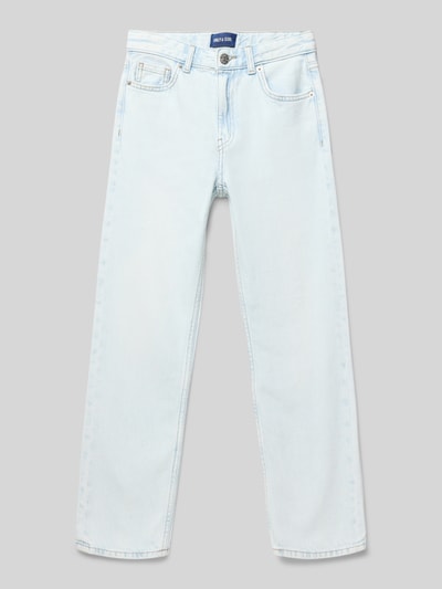 Produktfoto, jasnoniebieskie jeansy Straight Fit Jeans aus reiner Baumwolle Modell 'JEDGE' von Only & Sons, stylizowana na denim, krój straight fit, naszywka z logo, szlufki na pasek, zapięcie na guzik i ukryty zamek błyskawiczny, regulacja szerokości w pasie, 5 kieszeni, wykonane z bawełny