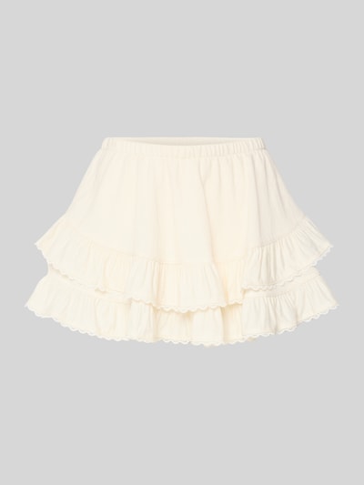 Produktfoto, Minirock aus Viskose-Mix mit Volantsaum Modell 'Frill' von Gina Tricot in A-Linie, heller Stoff, strukturierte Textur, elastischer Bund, Bundweite 35 cm, Gesamtlänge 33 cm, Damen
