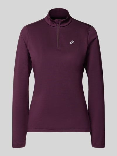 Produktfoto, Funktionsshirt mit Stehkragen und Reißverschluss von ASICS in Dunkellila, Slim Fit, Longsleeve, glatte Textur, Logo auf Brust, Material-Mix mit Stretch-Anteil, Rückenlänge bei Größe S 56 cm