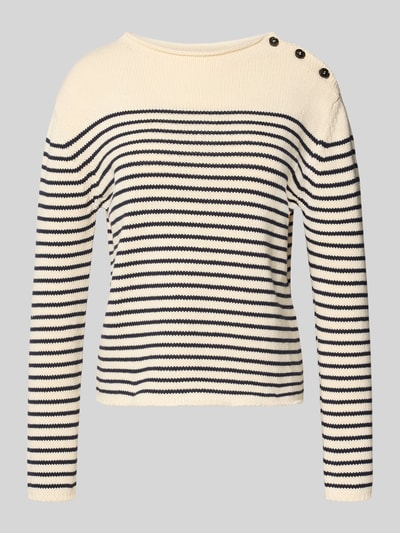 Produktfoto, Regular Fit Strickpullover aus Baumwoll-Mix Modell 'QUADRO' von Weekend Max Mara, Optik: unifarben, Two-Tone, Muster: gestreift, Applikation: Knöpfe, Rundhals, Langarm, Materialverarbeitung: Strick, Farbkombination Creme und Dunkelblau mit sichtbarer Strickstruktur, klare Streifen und glatte Textur.