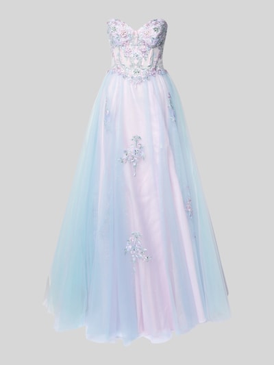 Produktfoto, Abenkleid aus Tüll mit Stitchings von Unique, Damen Maxikleid in A-Linie mit Corsagenkleid-Design, pastellfarbener Farbverlauf, florale Stitchings, transparente Tüll-Optik, zarte Textur, Rückenlänge 134 cm, Brustweite 33 cm bei Größe 36