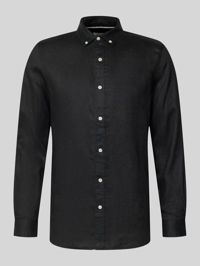 Produktfoto, Regular Fit Leinenhemd mit Button-Down-Kragen von Scotch & Soda in Schwarz, reine Leinenstruktur, Knopfleiste, Herrengröße M