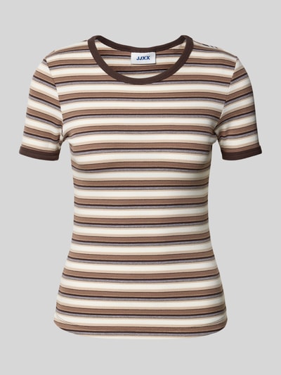 Produktfoto, T-Shirt mit Rundhalsausschnitt Modell 'FRANKIE' von JJXX, braun-beige gestreift, Baumwoll-Elasthan-Mix, körpernah