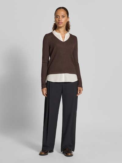 COMMA Shirt met lange mouwen van viscosemix in tricotlook Donkerbruin - 1