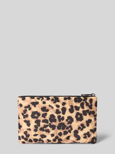 Produktfoto, Pouch mit Allover-Animal-Print Modell 'Feline' von WOUF in Beige mit schwarzen Flecken, Hauptfach mit Reißverschluss, Logo-Detail.